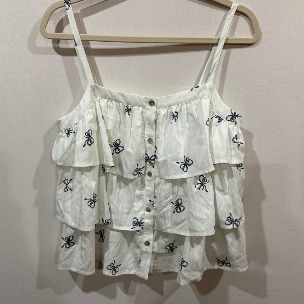 Doe and Rae White Bow Print Tiered Ruffle Cami Top Button Front Small
